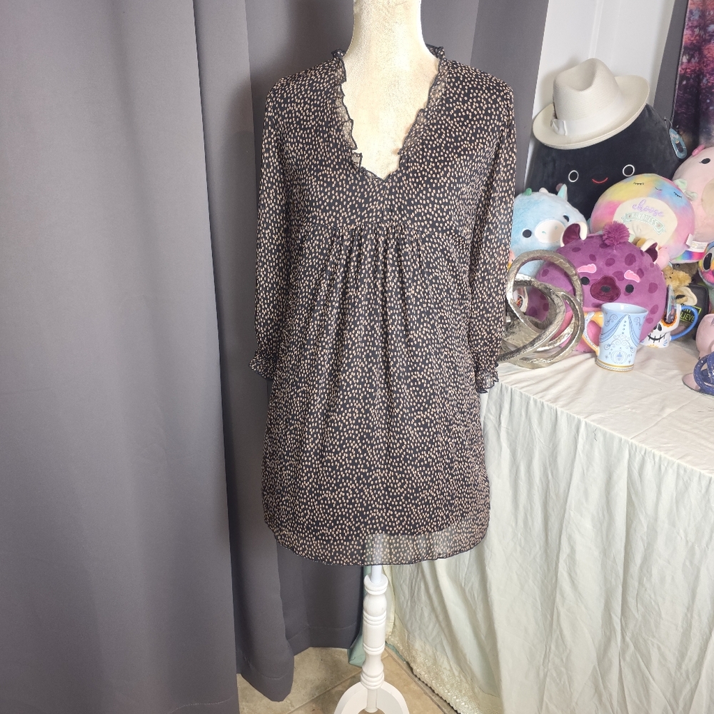 ZARA XS Chiffon Mini Dress Black Beige Dot Ruffle V Neck Sheer Boho Morocco XS